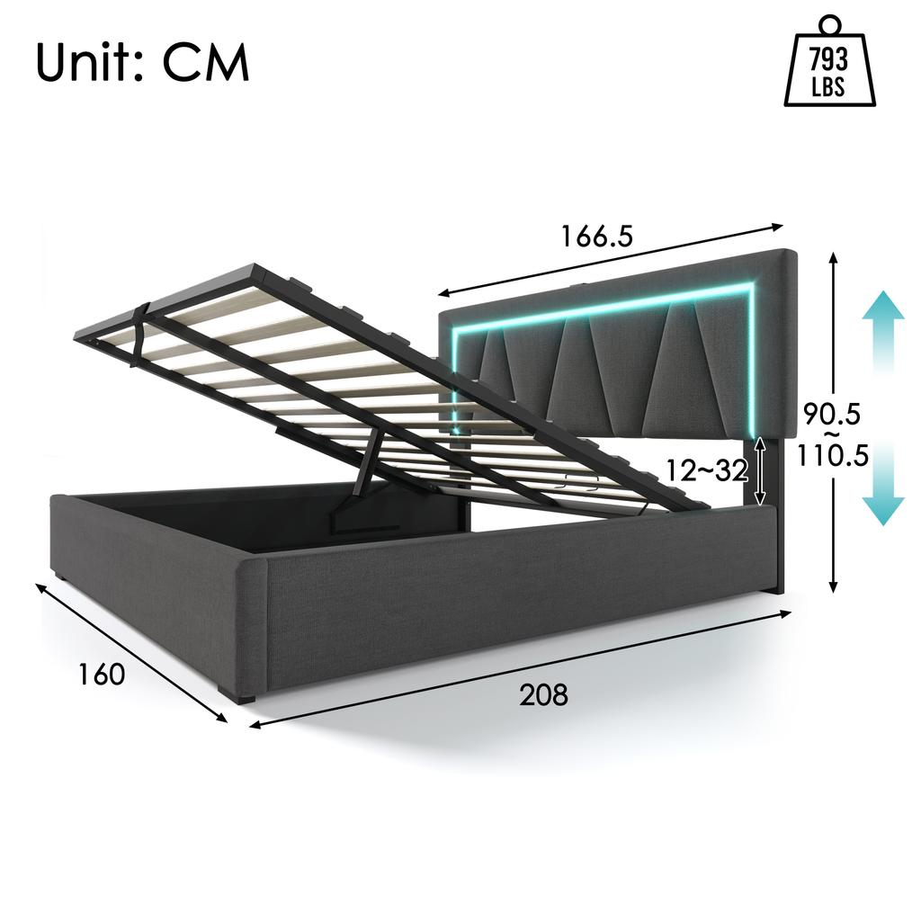 (=ABMA434142G)Upholstered Double Bed, USB Type C Charging, LED Lighting, Linen Storage Bed Frame, Youth Bed 160x200, Slatted Frame (With Mattress)