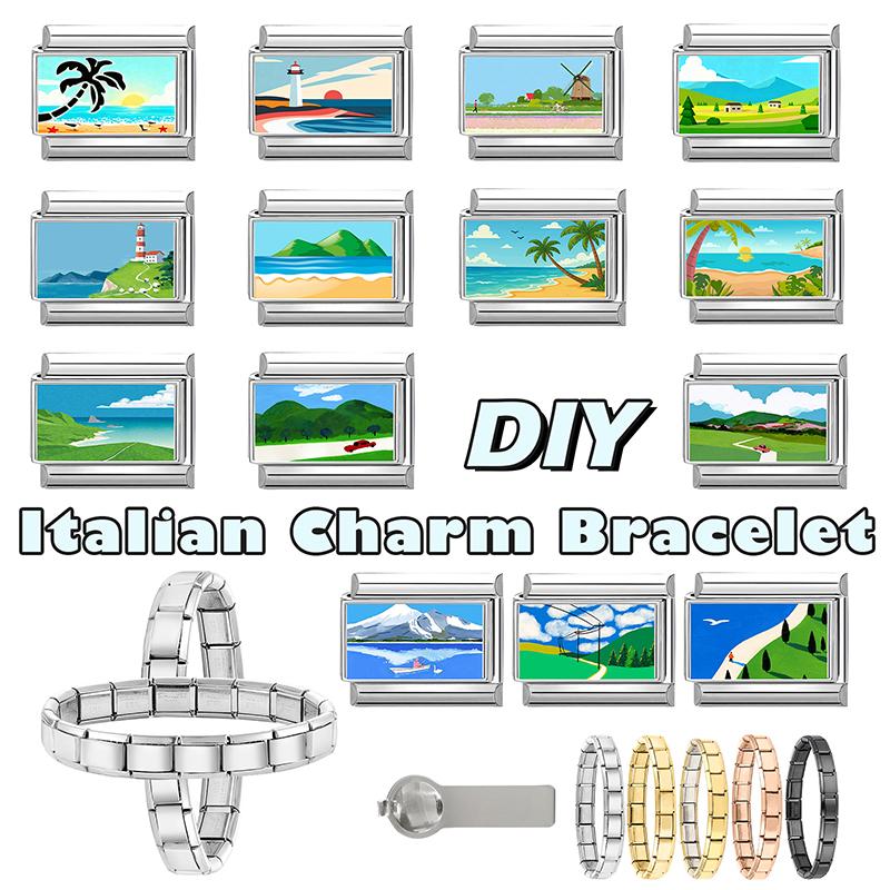 New Green Scenery Series Sunset Sea Lighthouse Italian Charm Links Fit 9MM Stainless Steel Bracelet Women Men DIY Making Jewelry