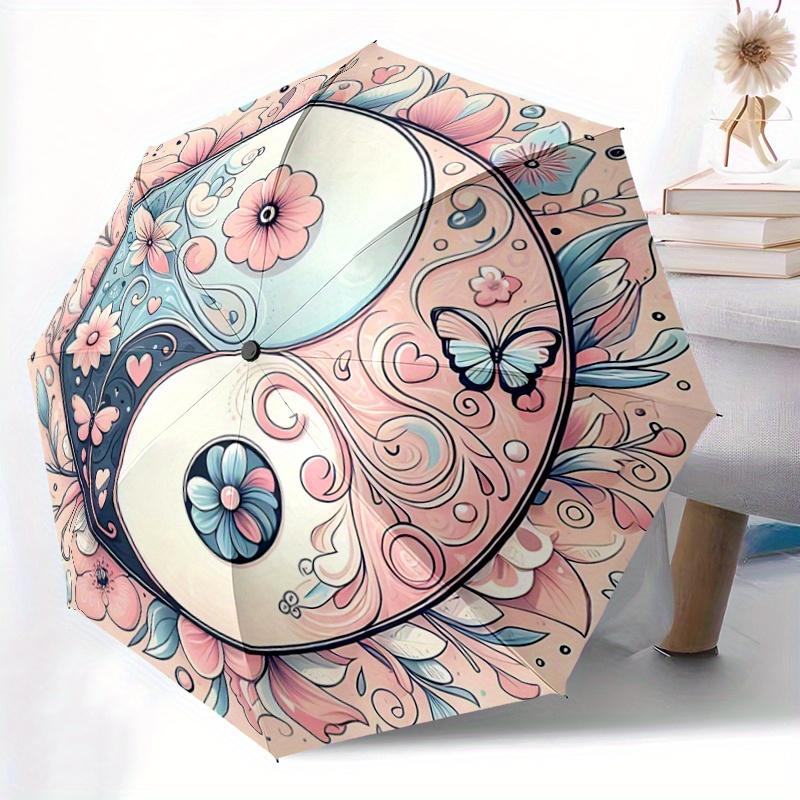 1pc Pink Yin Yang Flower Automatic Opening and Closing Umbrella - Lightweight 3-Fold Design, Suitable for Fans, Travel, Daily Use - Official