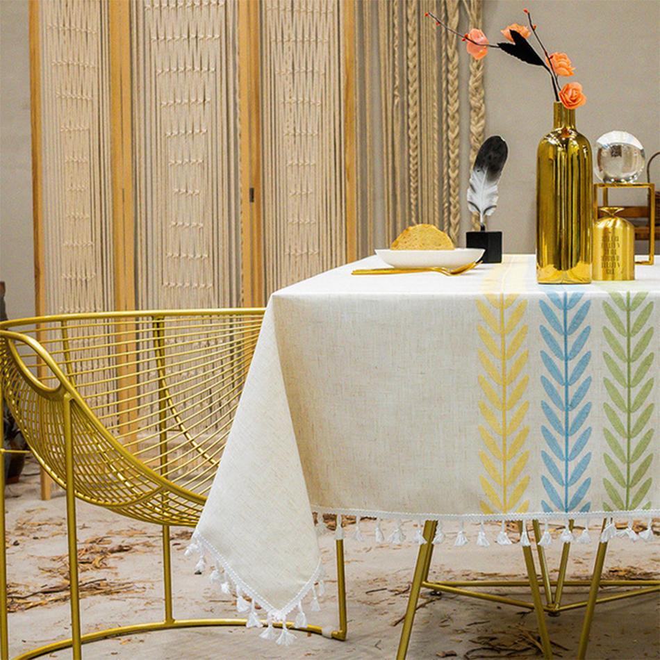 Embroidery Tassel Tablecloth,Cotton Linen Dust Proof Dinner Table Cover,for Kitchen Dining Room Party Home Tabletop Decoration