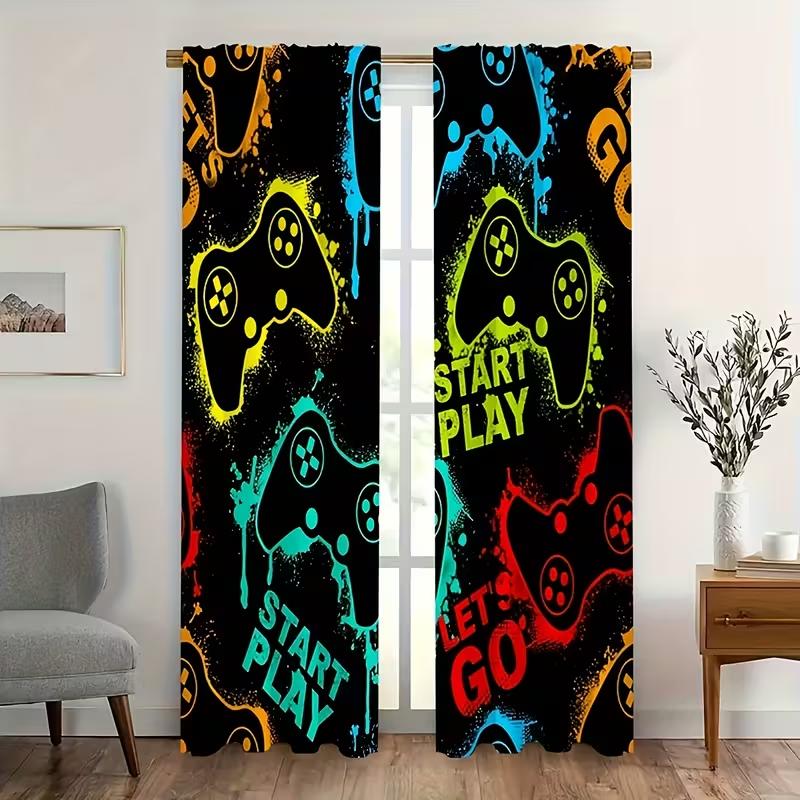 2pcs Colorful Game Controller Patterned Curtains, Design for Living Room Bedroom Window Decoration, Rod Pocket Curtains