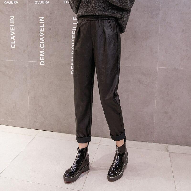 

Осень-зима из искусственной кожи, уличная мода, длинные брюки-шаровары для отдыха, женские винтажные шаровары в стиле Харадзюку, эластичная искусственная кожа с высокой талией XXL