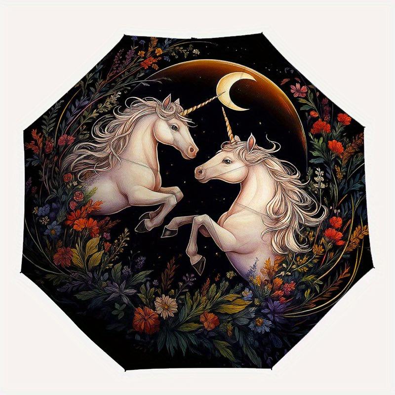 Enchanted Unicorns: A Magical Floral Fantasy Wall Art Print Umbrella, Cute Umbrella with Cute Design, Portable 3-Fold Compact Umbrella for Men & Women