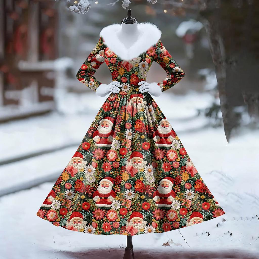 Women's Casual Dress Long-Sleeve V-Neck Patchwork Fleece Christmas Print Dress