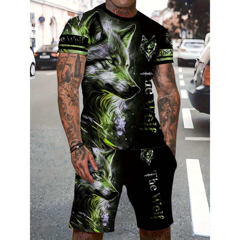 

Summer Men s Sport Outfit - Wolf 3D Stereoscopic Print Short-Sleeved T-Shirt and Shorts Set Casual 2 Piece Set XS