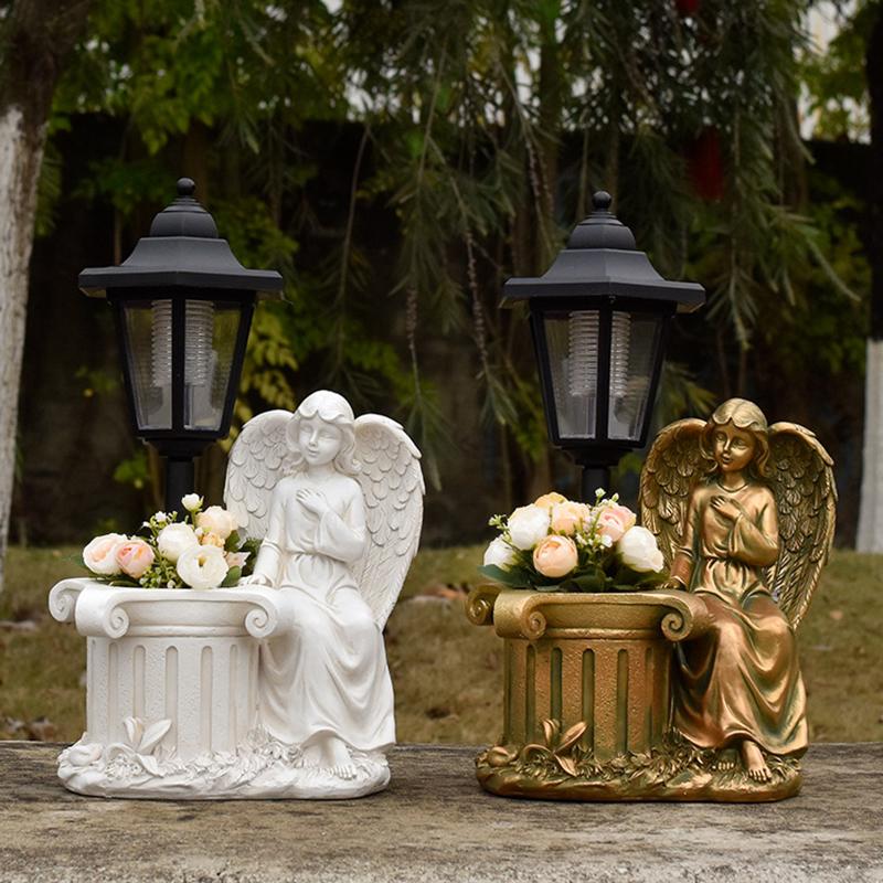 Resin Angel & Fairy Solar Garden Statue, Illuminated Flower Pot Ornament for Outdoor Yard Decor