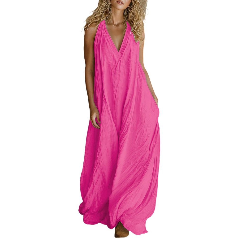 Women’s Casual Sleeveless Loose Fit V Neck Maxi Dress with Pockets Lightweight Solid Relaxed Long Sundress for Daily Wear