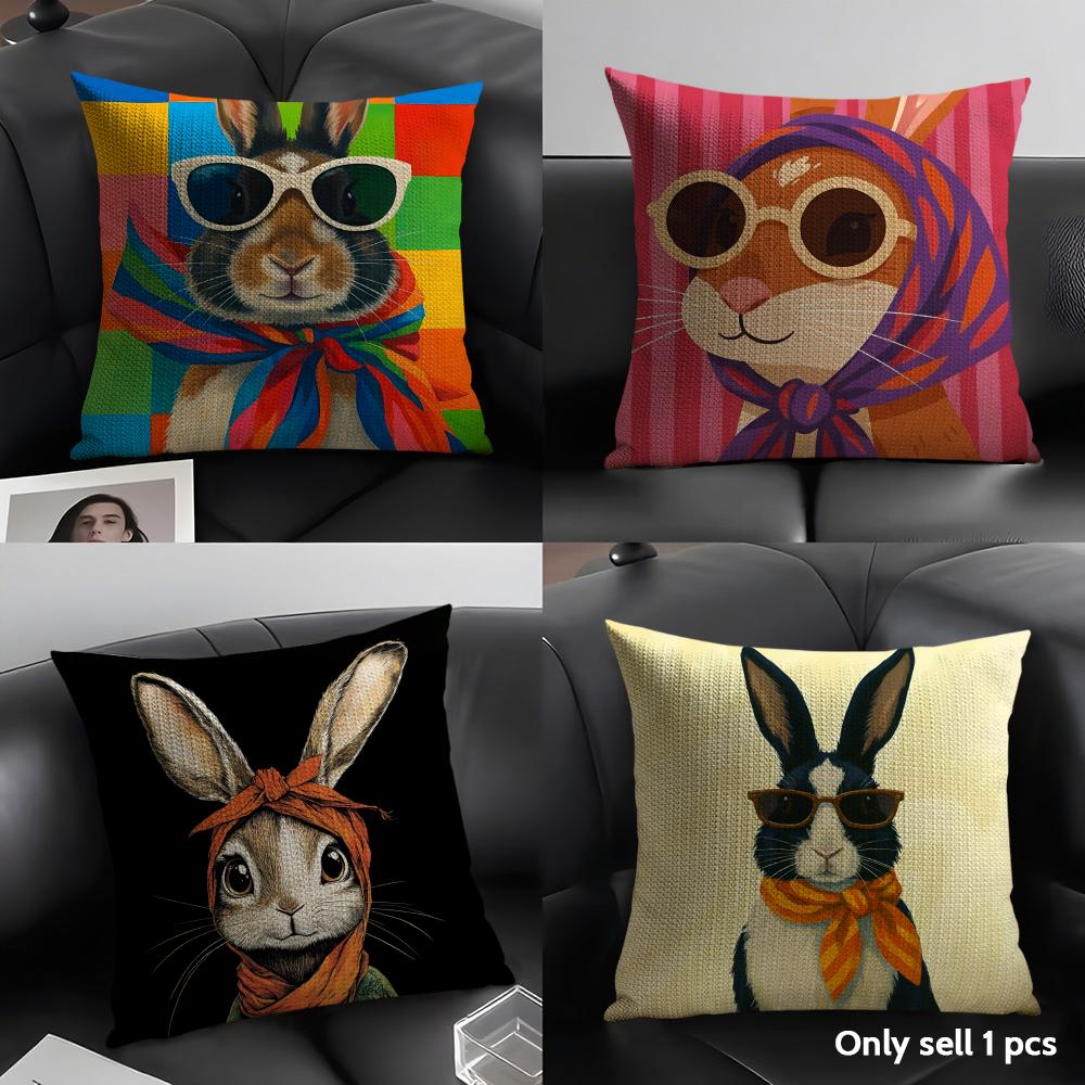 Cute Rabbit Art Cushion Cover Summer Breathable Linen Organic Fabric Double-Sided Printing Sofa Pillow Case Home Decor