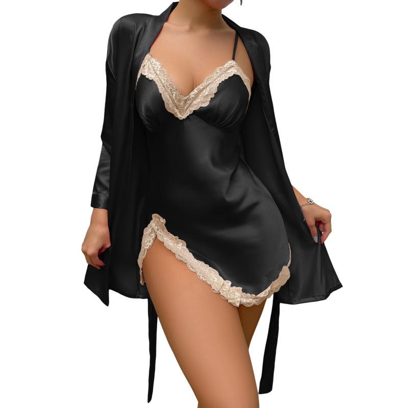 European and American Style Women's Pajama Set Camisole Dress and Robe Set  2 Piece Sleepwear Sexy Lace Loungewear