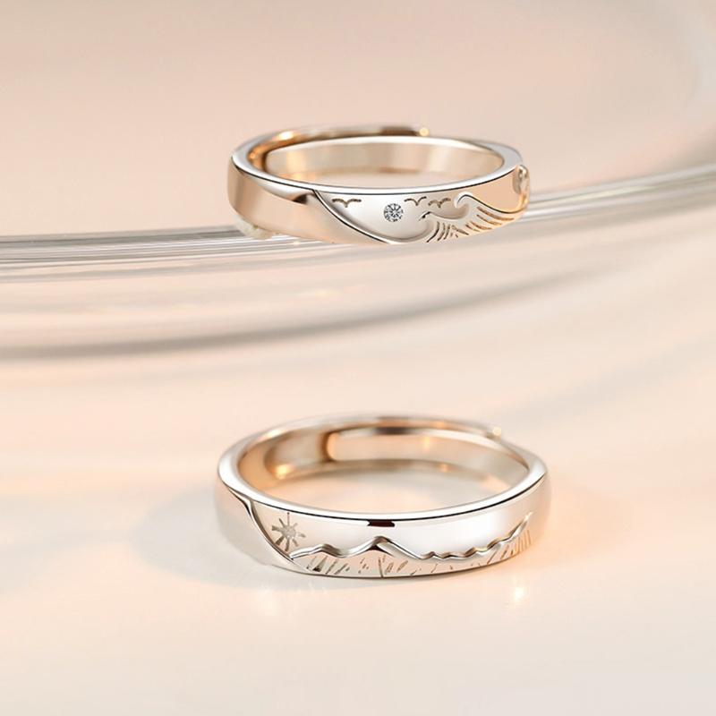Matching Rings Mountain Sea Promise Band Rings Open Ring Adjustable Lovers Ring Set for Him Her Girlfriend Boyfriend