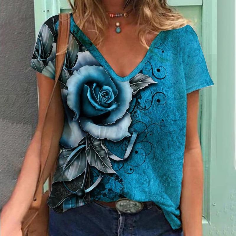 Women's Retro Rose 3D Digital Print Summer Loose Quick Drying T-shirt V-neck Women's Clothing Shirt