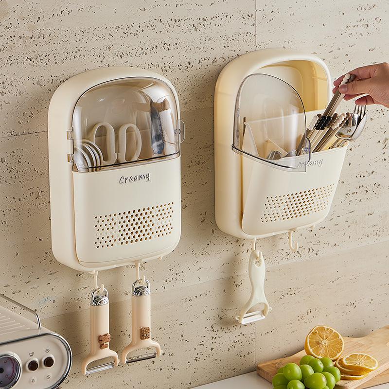 Wall-Mounted Dustproof Kitchen Chopstick Holder with Lid – Multifunctional Storage & Draining Rack