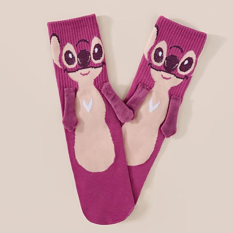 Anime Stitch Magnet Hand In Hand Socks Funny Soft Cotton Cartoon Creative Autumn And Winter Warm Mid-Calf Socks Christmas Gifts
