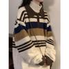 Unisex podzimní/zimní retro líný styl pruhovaný svetr s POLO límcem, pletenina inspirovaná univerzitním stylem