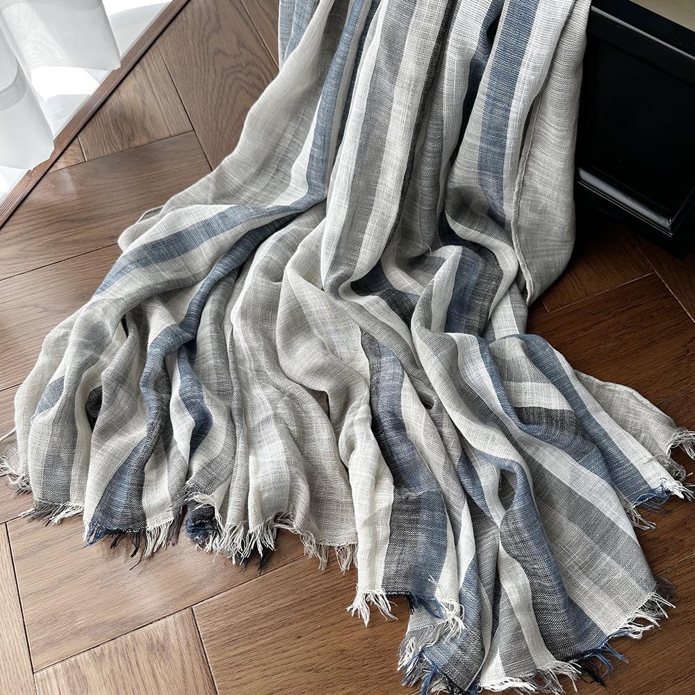 Japanese & Korean Style Autumn/Winter Unisex Striped Scarf In Cotton, Linen & Silk