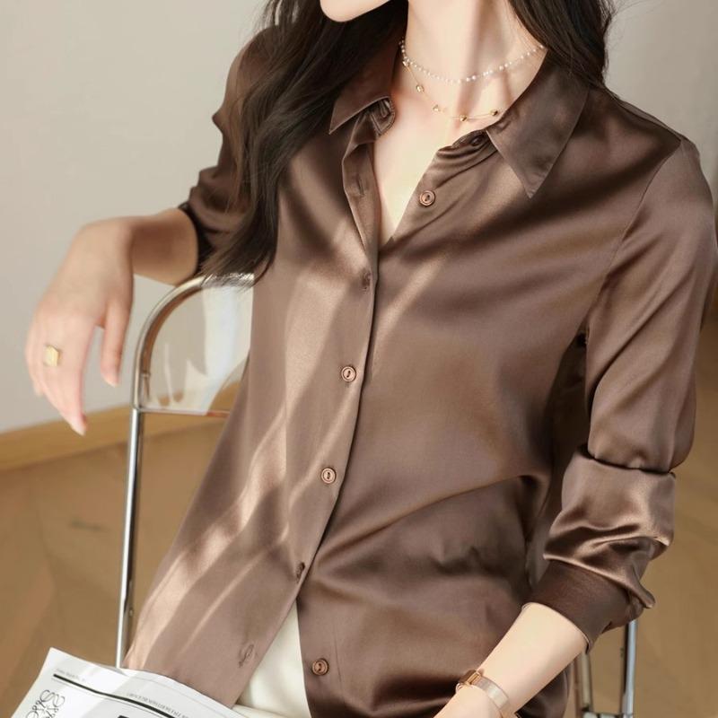 Mote Uformelt kontor Dame satengskjorte Løse lange ermede topper Solid Plus Size Damebluser Elegant Button Up Vintage Enkle Dameskjorter 25678