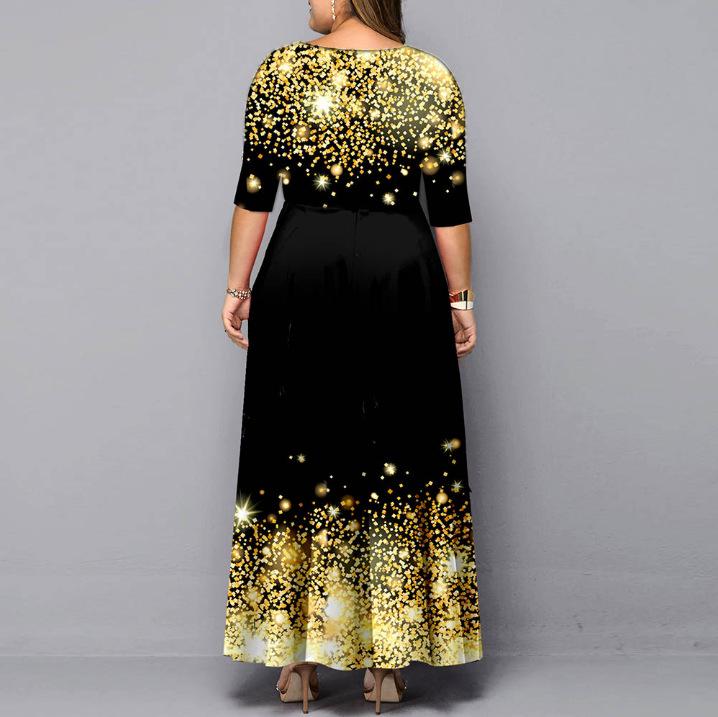 European 2024 Digital Print Pullover Mid-Waist Three-Quarter Sleeve Long Dress