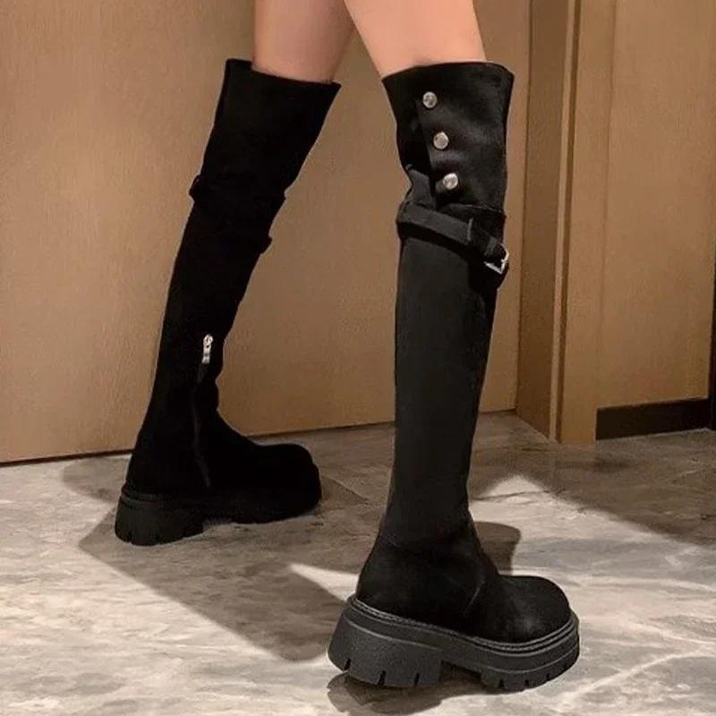 Women Mid Heels Over The Knee Suede Chelsea Boots New Platform Designer Luxury Shoes Goth Brand Walking Gladiator