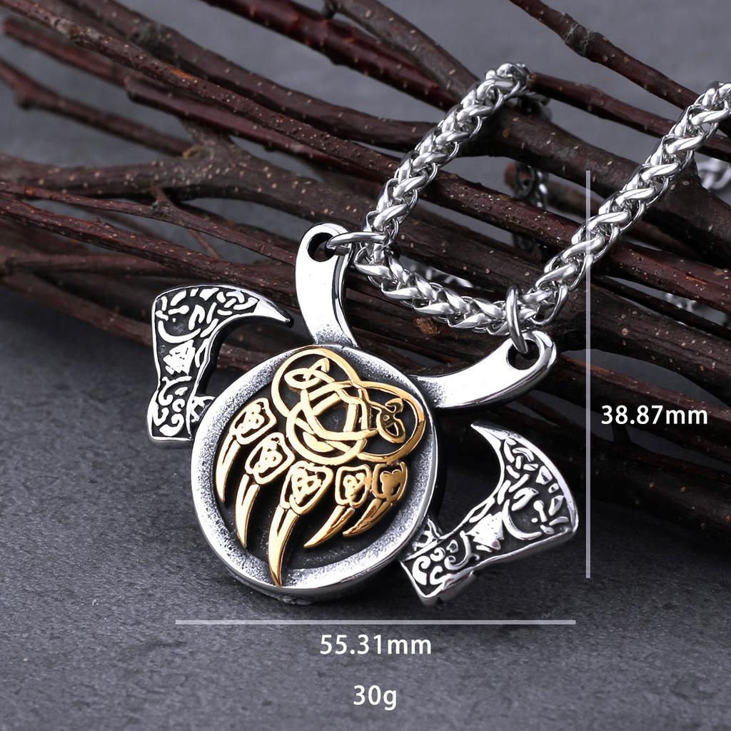 Stainless Steel Viking Bear Claw Axe Necklace Mens Nordic Amulet Pendant Vintage Jewelry Gift for Men