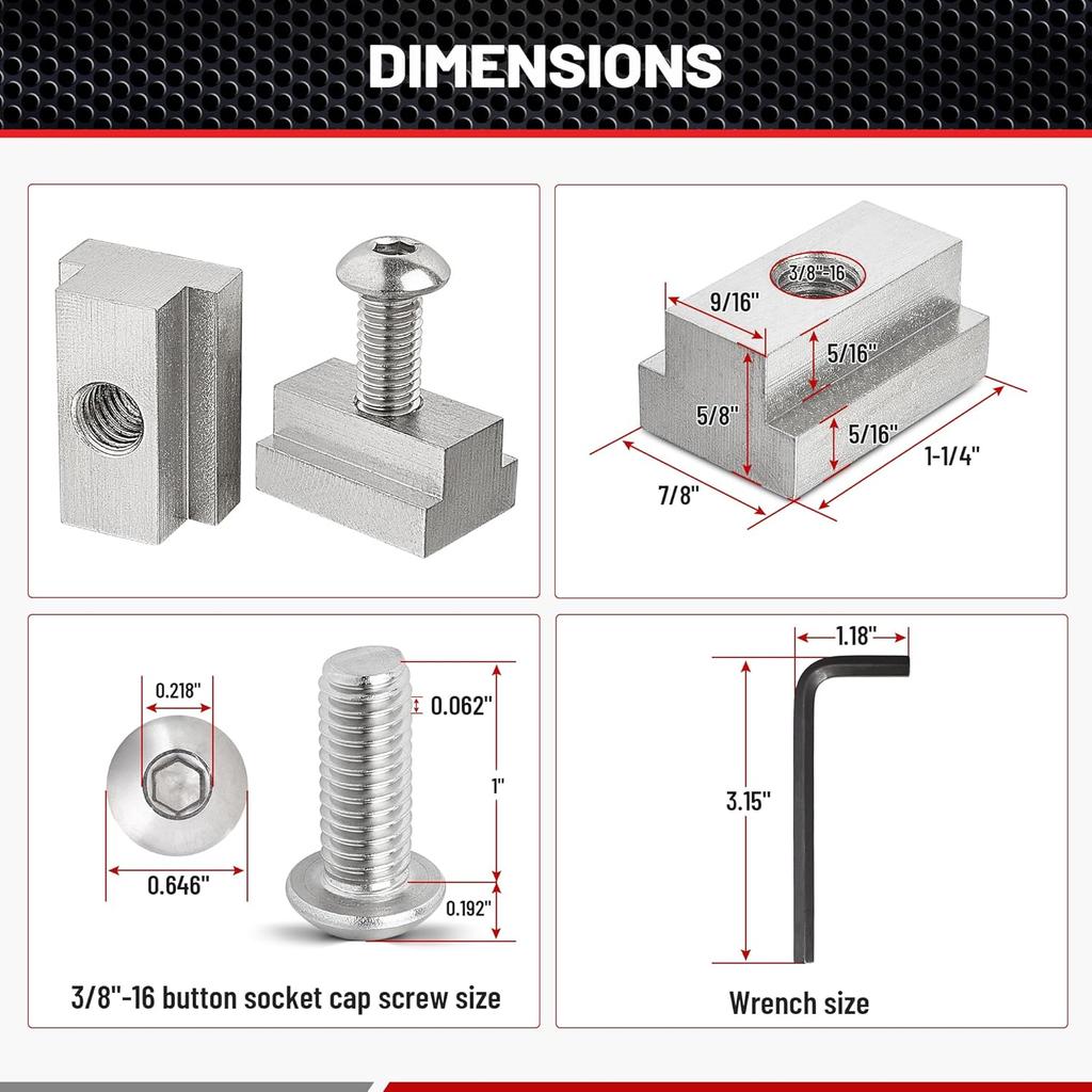 RED WOLF 3/8"-16 Thread T-Slot Nut For Toyota Tundra Tacoma Pickup Truck Cargo Bed Rail Deck Cleat Rack Trail 304 Stainless Steel Tie Down 6 Pack
