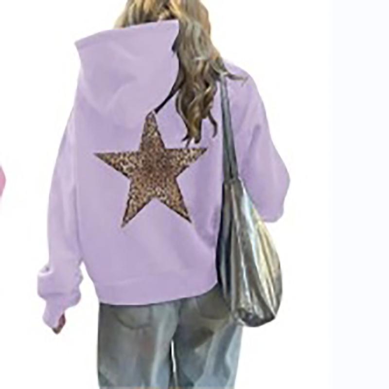 Mode Einfacher Leopardenmuster Fünfzackiger Stern Kapuzenpullover Lässig Locker Kängurutasche Kordelzug Pullover Oberteile