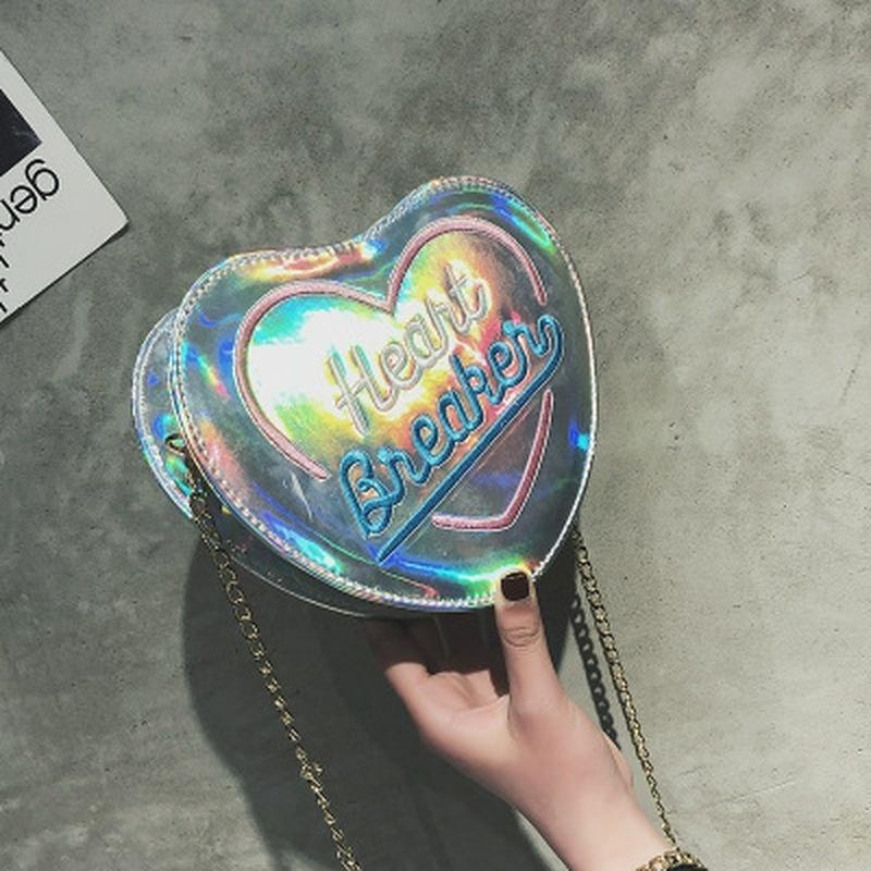 Chic Women Heart Hologram Wallet Laser PU Big Zipper Clutch Bag Pouch
