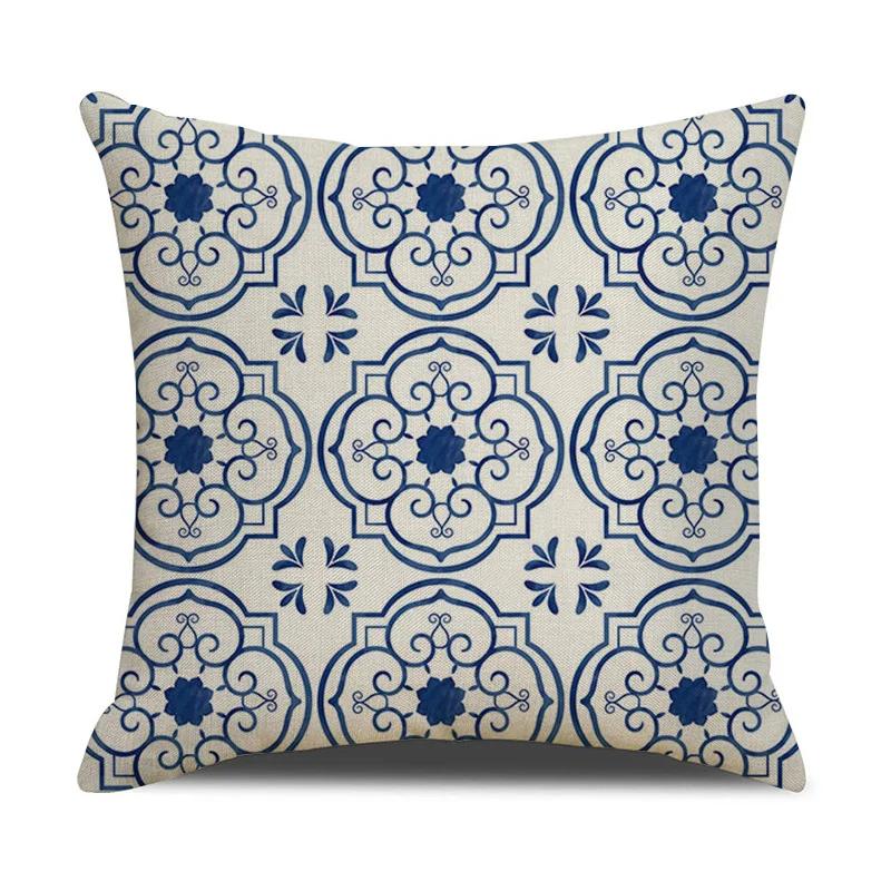 Chinese retro style blue and white ceramic printed fabric linen cotton throw pillow wrapped sofa home decoration pillow