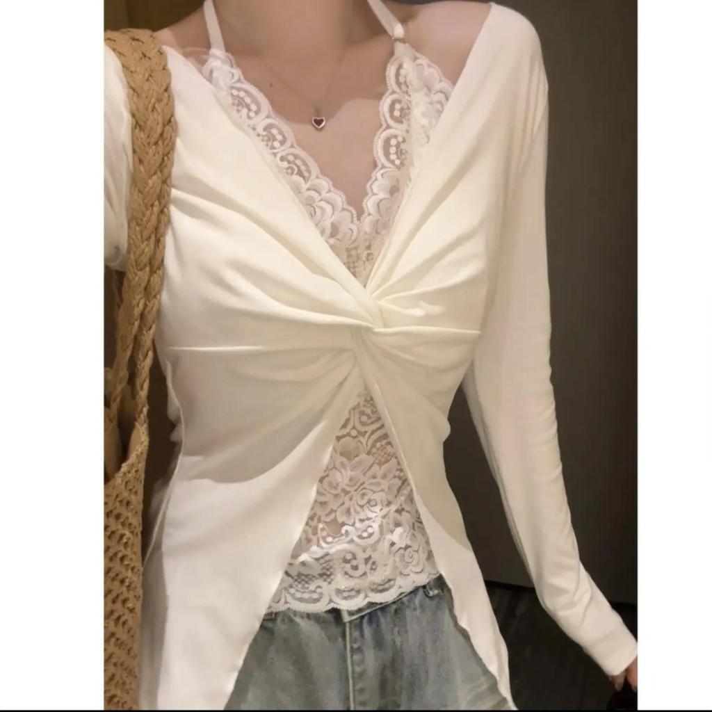 2025 Women's Korean Style Lace T-shirt - Long Sleeve Two-Piece Look with Chest Pads for Autumn/Winter.