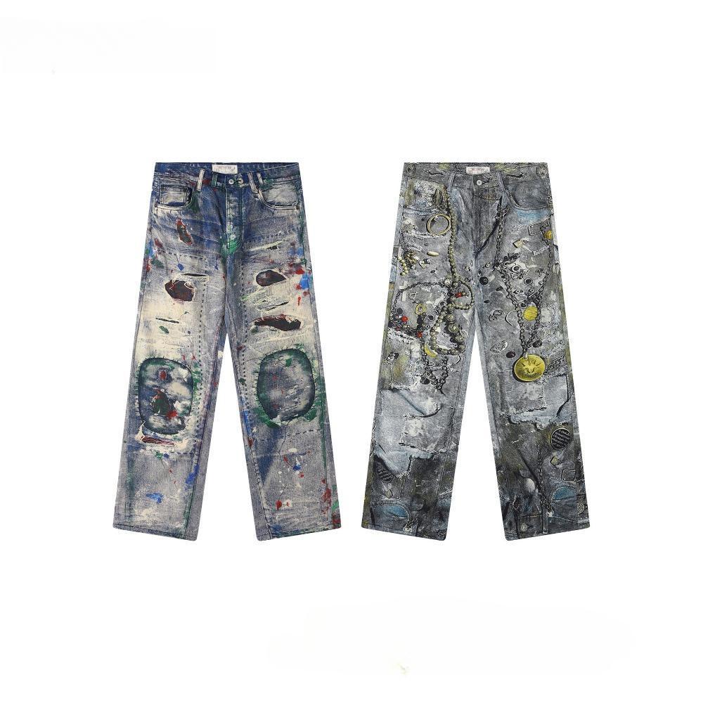 ZYLLO Herr Hög Street Oversized Hip Hop Jeans Byxor 3D-tryckta Vintage Denimbyxor Mode Streetwear Målade Raka Jeans
