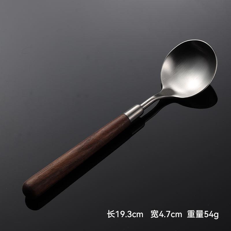 304 stainless steel walnut handle knife, fork, spoon, western tableware, lathe hardware, matte hand-thrown round spoon gift