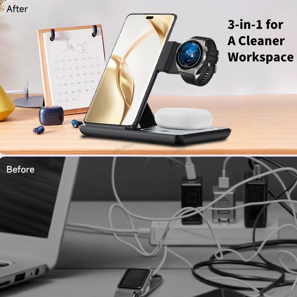 Foldable 3 In 1 Wireless Charger Desk Stand For Samsung S24 S23 Galaxy Watch 2-8 Active 1 2 Buds Pro LED Fast Charging Station