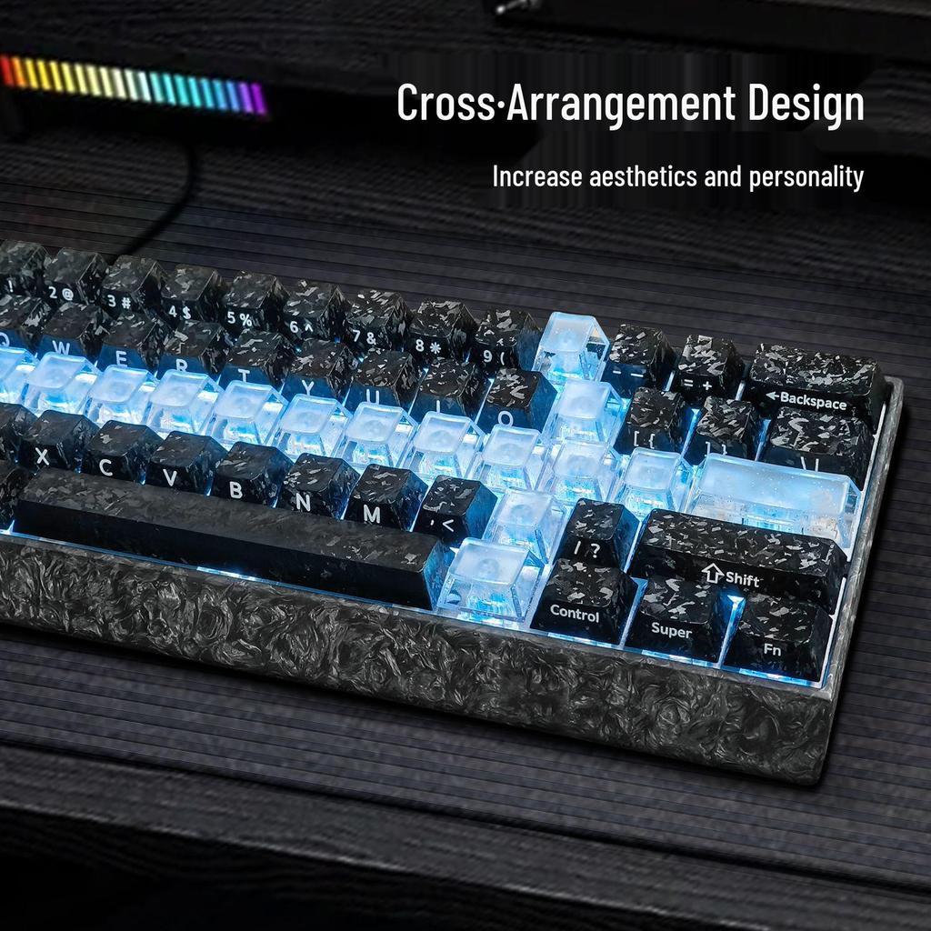Touches Clavier Personnalisées Wooting60HE Night Demon Transparentes avec Texture Fibre de Carbone Gravée sur le Côté