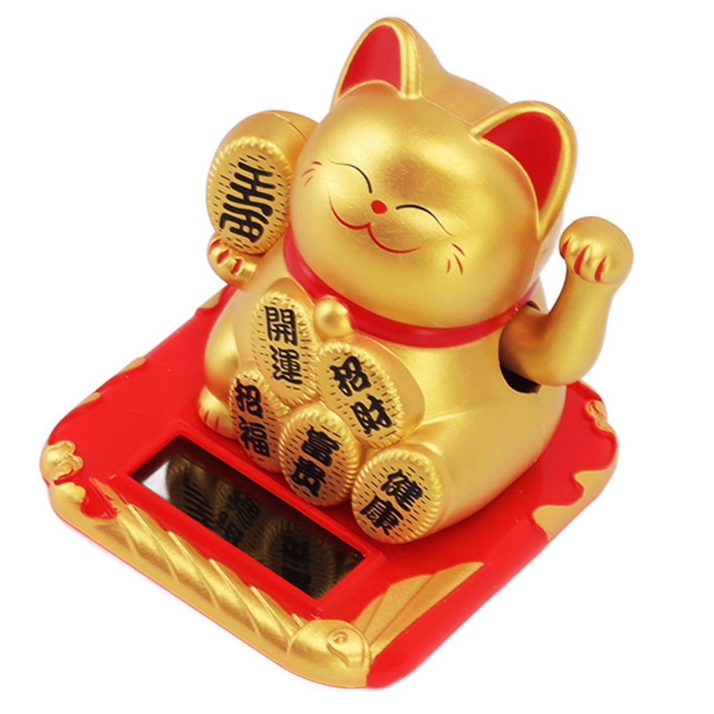 Solar Powered Waving Cat Wealth Welcoming Solar Cute Happy Lucky Cat Fortune Cat Statue Ornament for Home Car Decor