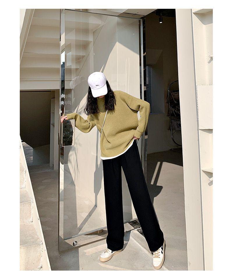 Women's Black High-Waisted Wide-Leg Pants - Spring Casual, Loose-Slimming, Floor-Length, Versatile, Drapey Straight Suit Pants