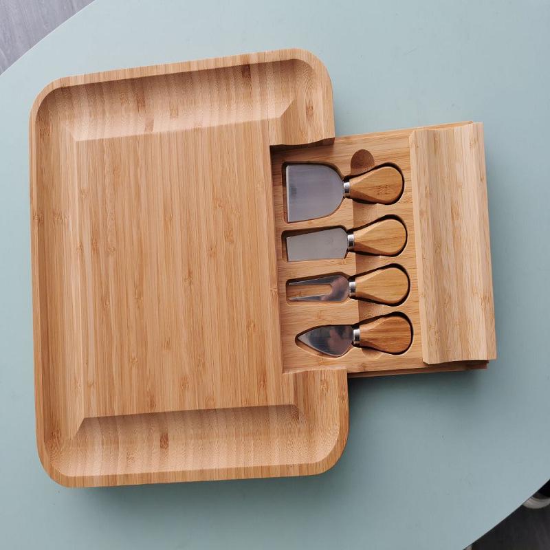 Bamboo Cheese Board with Knife Set and Drawer Tray