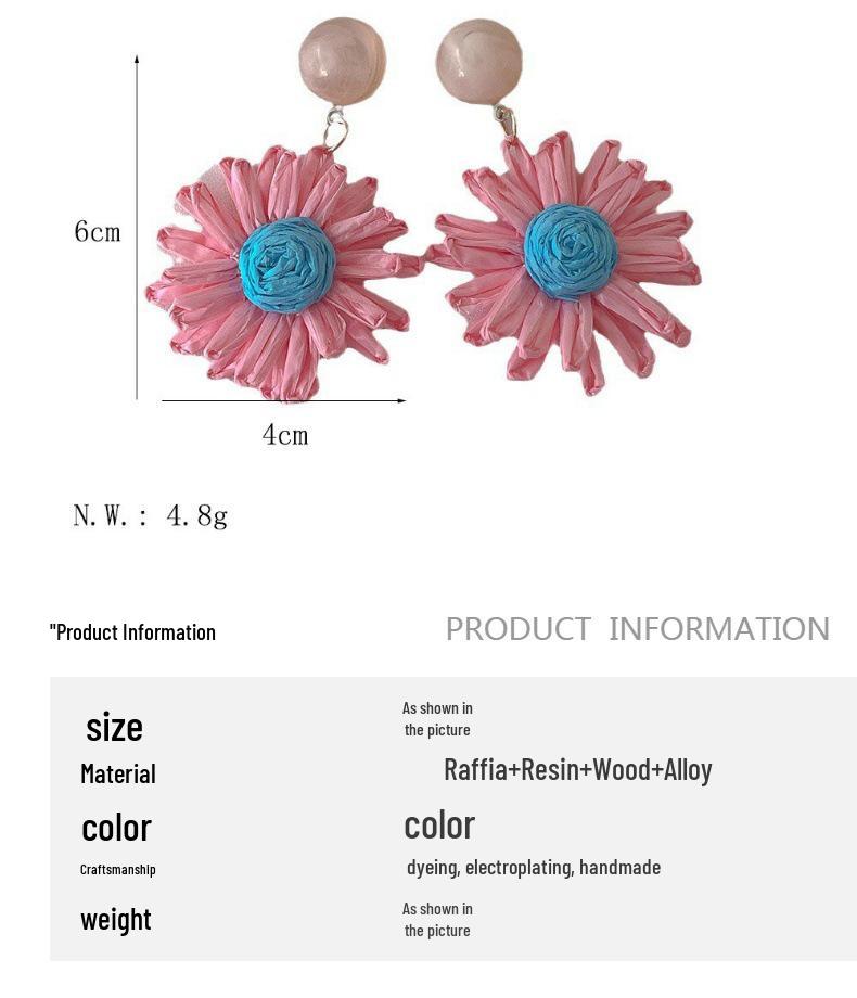 Colorful Raffia Flower Dangle Earrings - Summer Beach Vacation Style, European & American Fashion.