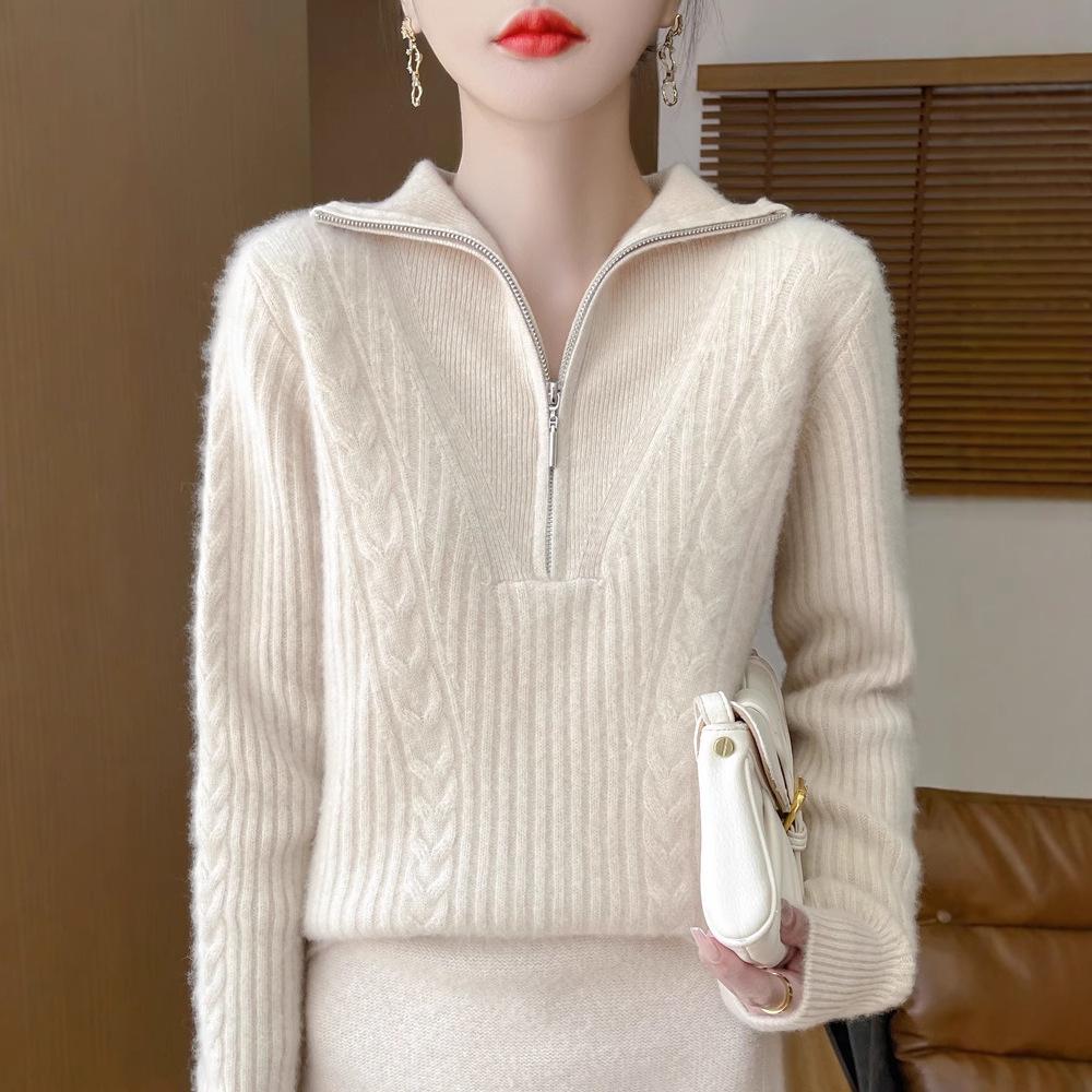 Women's High-Neck 100% Wool Cable Knit Sweater - Thickened Long Sleeve Zipper Pullover for Autumn & Winter