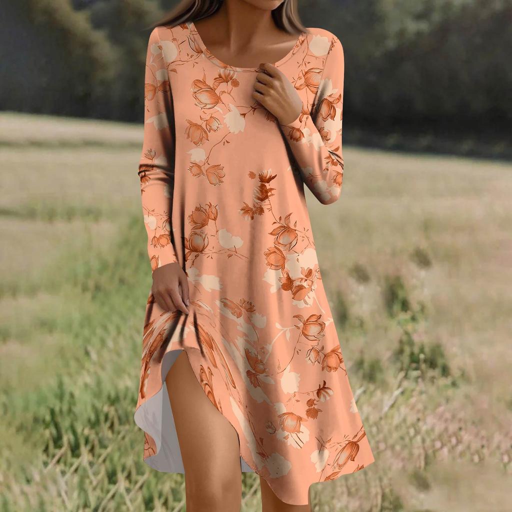 Langärmeliges Kleid für Damen Lässiges Locker sitzendes Druckkleid mit Taschen