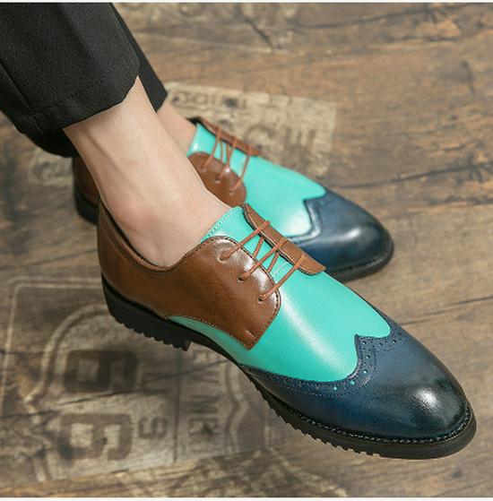 Men s Korean Style Pointed Toe Slip-on Leather Shoes - Trendy Color Block British Casual Design 47 синий