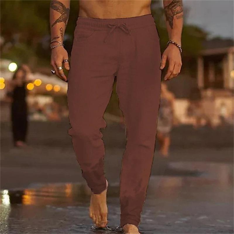 Men's Trousers New Solid Colour Drawstring Cotton Linen Loose Breathable Beach Casual Trousers