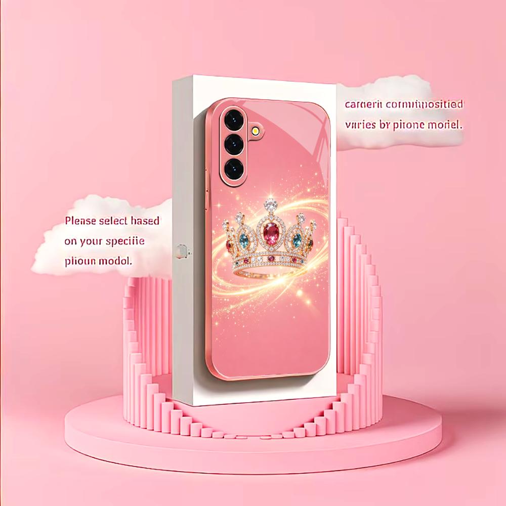 Beautiful Pink Gemstone Crown Phone Case Glass S26 Ultra Case S25 Ultra Case for Samsung Galaxy S26 S25 S24 S23 S22FE Ultra Plus