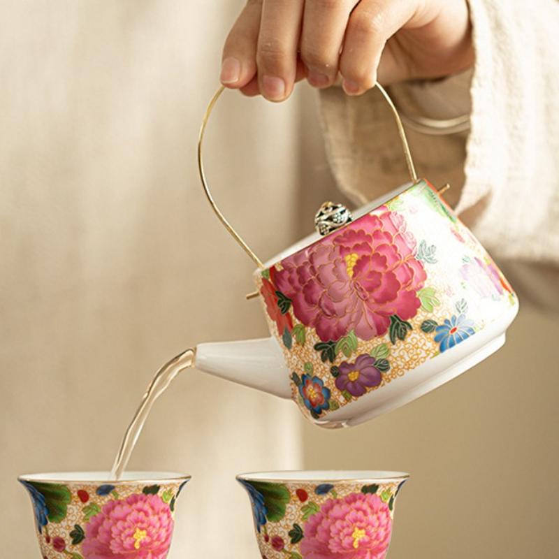 Enamel colored gold silk peony beam pot household kung fu tea set single pot Chinese high-end tea ware brewing teapot