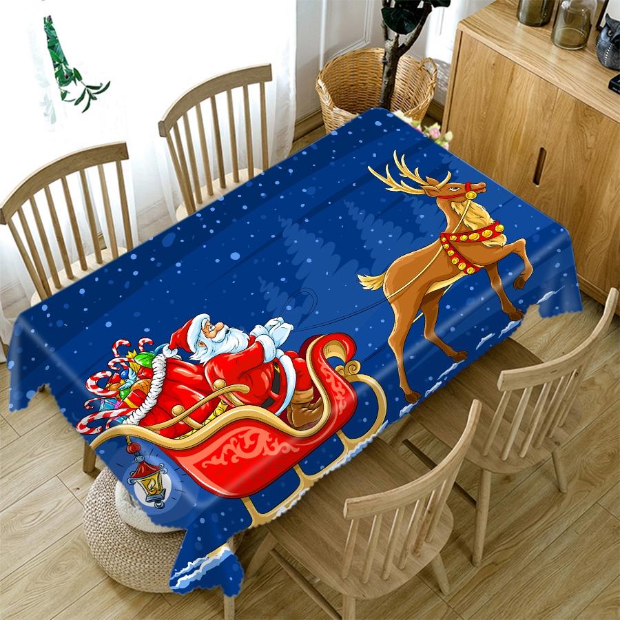 Thicken Cotton Tablecloth Blue Background Santa Claus Snow Pattern Rectangular Round Table Cloth For Wedding Picnic Party
