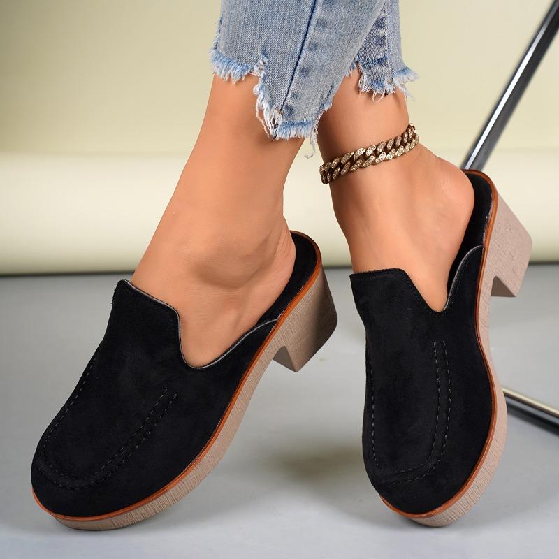 

Fashion Platform Block Heel Wrapped Slippers Women s Fashion Round Toe Deep Mouth Suede Anti-Slip Wear-Resistant Semi-Drag 36 чёрный