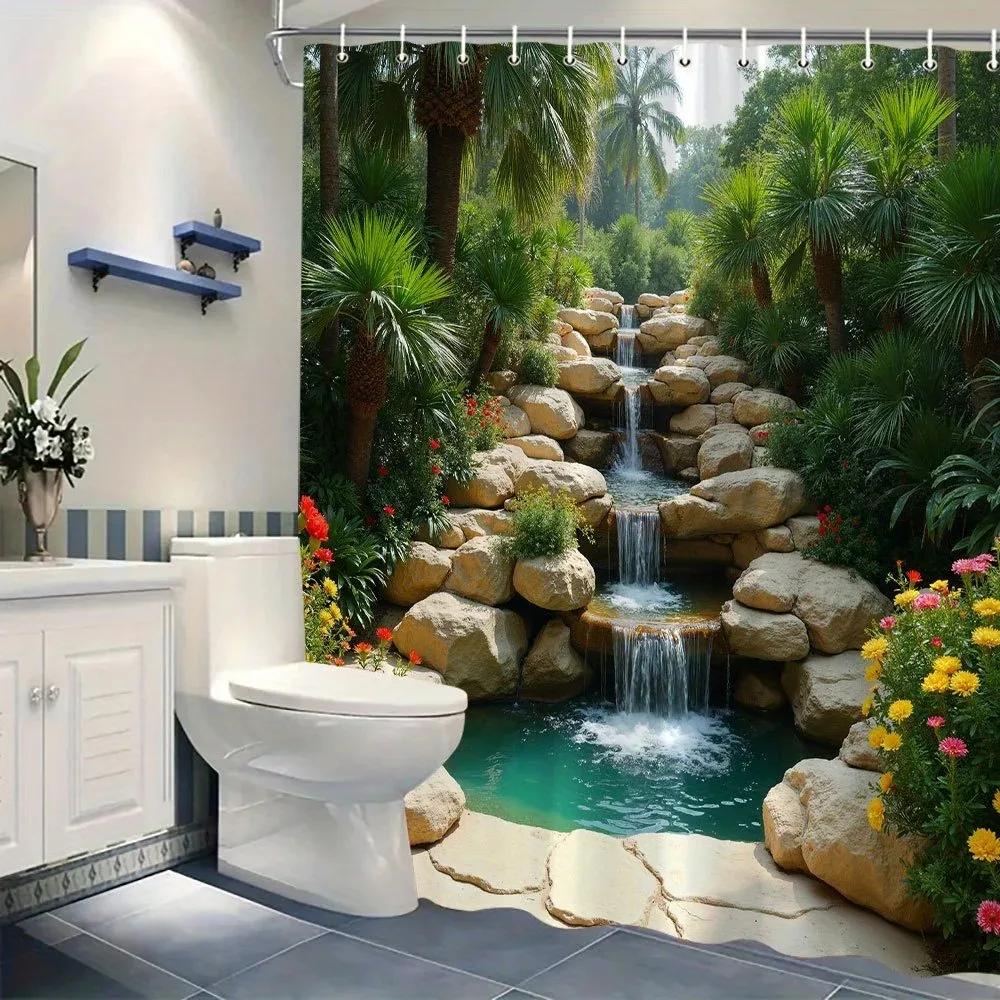 Rideau de douche cascade de forêt tropicale - Décor de bain multi-styles, Parfait pour ceux qui aiment les designs inspirés par la nature et pratiques