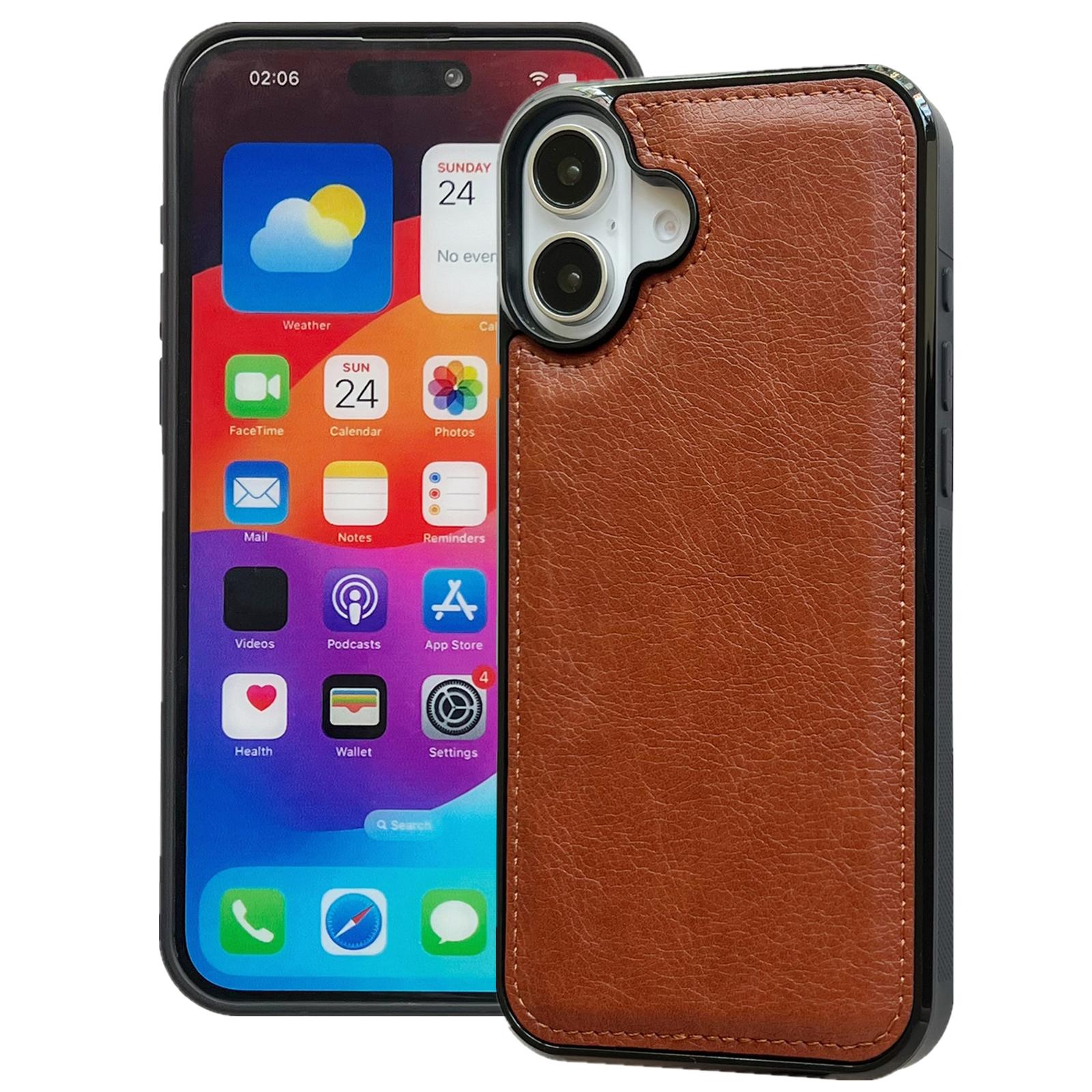 

For iPhone 16 Case Calf Texture PU Leather Anti-Fingerprint Back Phone Cover Brown