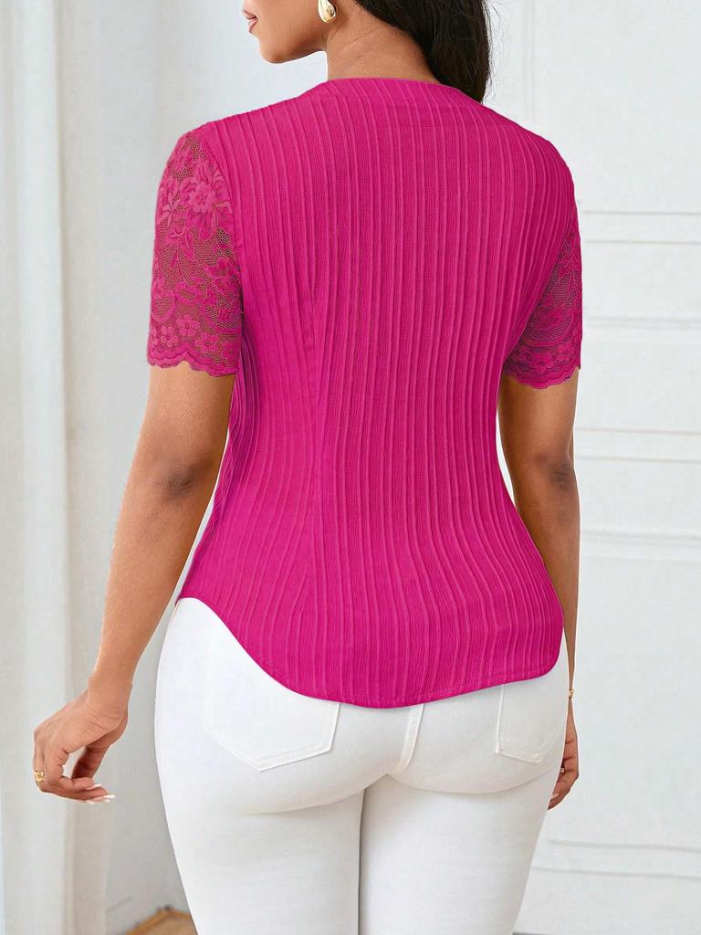 Women's Summer V-neck Embroidered Hollow Short-sleeve Shirt
