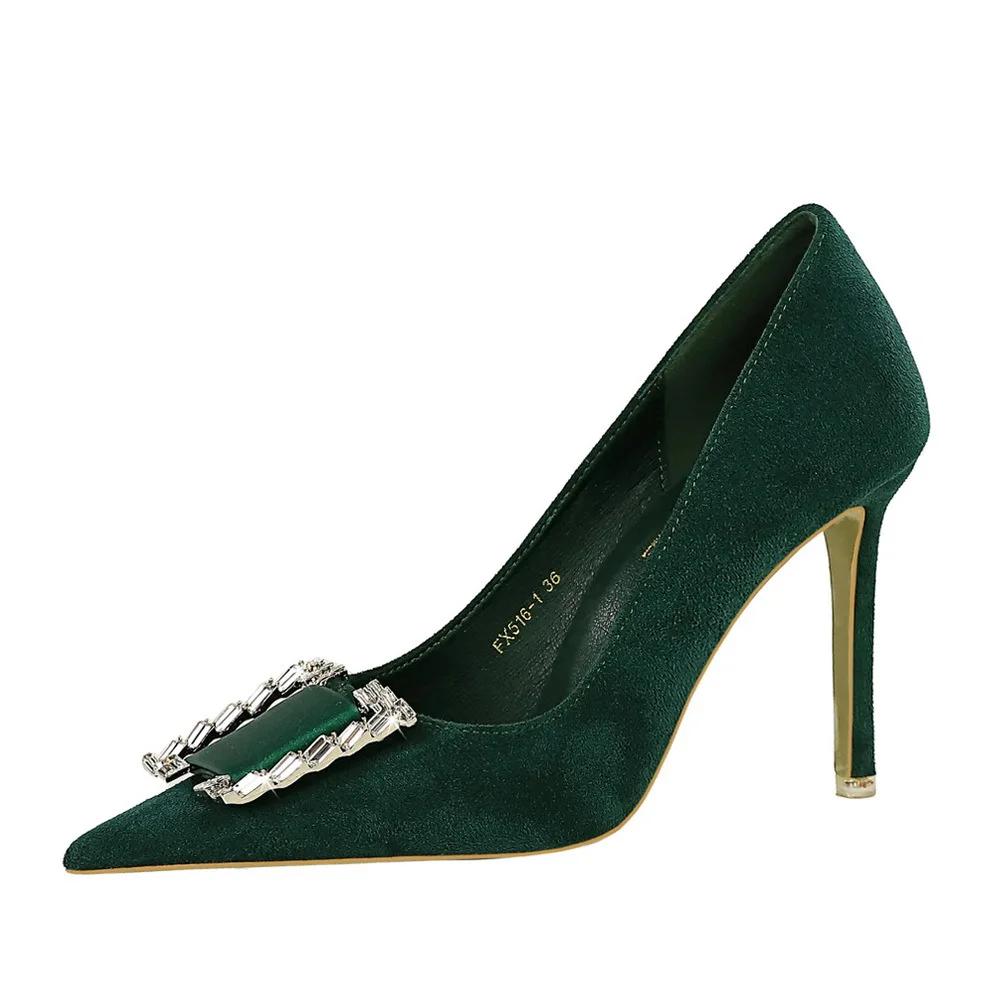 Fashion Women 9cm High Heels Pumps Lady Nightclub Crystal Buckle Green Black Wedding Classic Heels Suede Satin Crystal Replica Shoes
