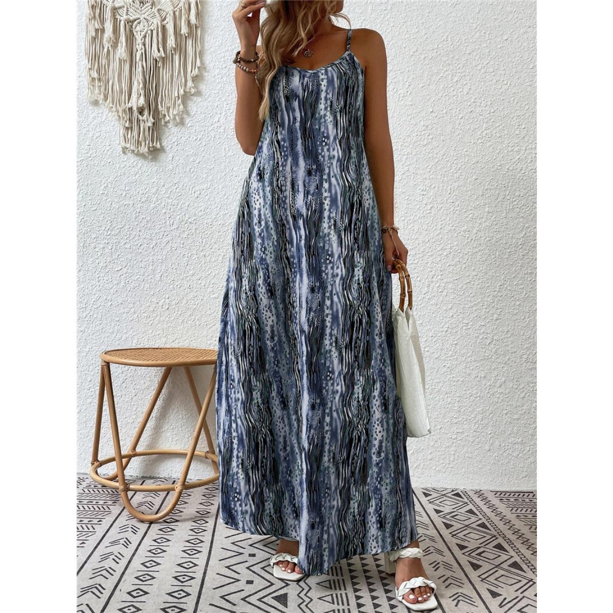Spring Summer Women s Trendy Printed Suspender Dress, European American Style Casual Fashion Sleeveless Dress for Women S