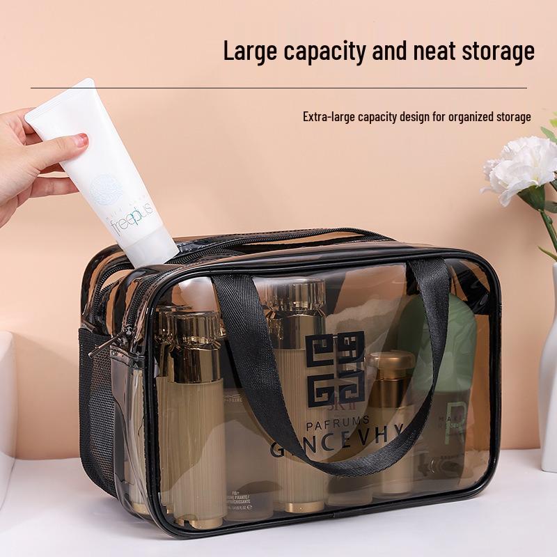 Transparent PVC Toiletry Bag with Wet and Dry Sections - Tea Color Makeup Storage